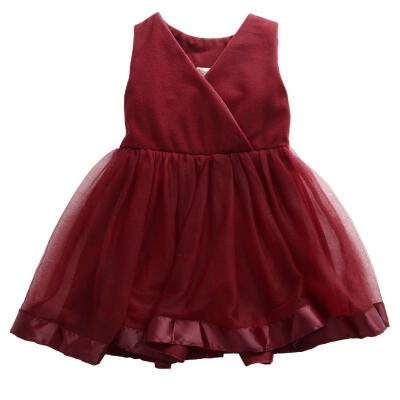 

Baby Girls Flower Evening Party Lace Chiffon Sleeveless Tulle Bow Gown Formal Wedding Dresses 2-7Y Wine Red