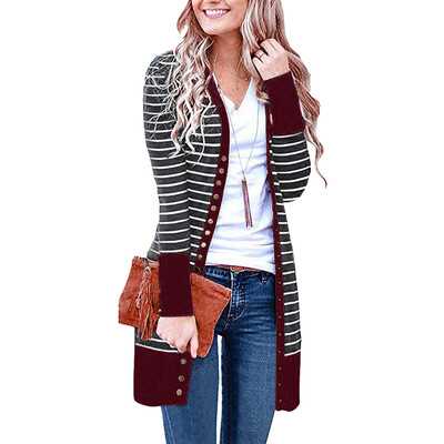 

Roseonmyhand Women Casual Long Sleeve Stripe Patchwork Long Cardigan Tops Blouse Coat