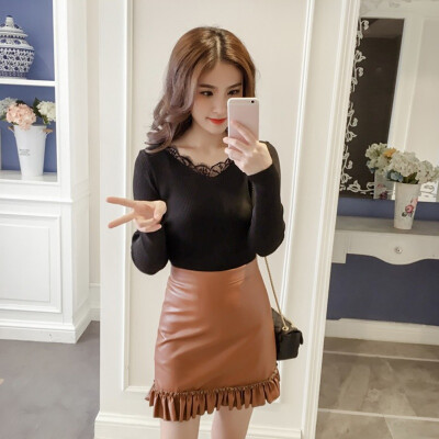 

Lace V-Neck Elastic Knitted Female Shirt Long Sleeve Slim Stretch Women Solid Tops