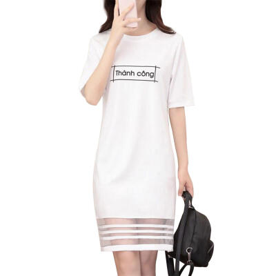 

Women Short Sleeve O Neck Letter Print Loose Casual Shirt Splicing Dress