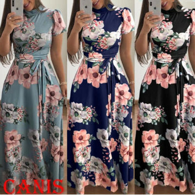 

Womens Summer Boho Floral Short Sleeve Long Maxi Dress Party Beach Sundress USA