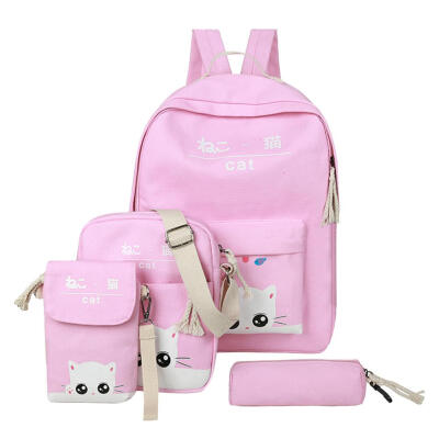 

4pcsSet Women Cute Cat Print Backpacks Girls Canvas Shoulder Schoolbags