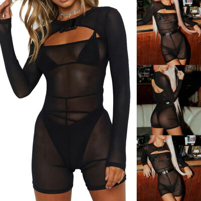 

Short Romper Jumpsuit Leotard Long Sleeve Womens Stretch TopShorts Bodysuit