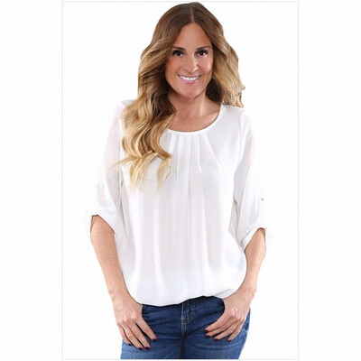 

Womens round neck long sleeve chiffon shirt solid color casual straight top