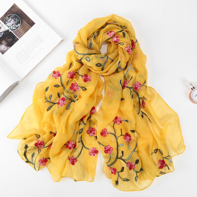 

2018 new ten miles peach chiffon flower embroidered silk scarf female travel photo sunscreen beach shawl wholesale