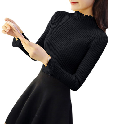 

Women Fashion Casual Autumn Winter Half-high Collar Lace Bottoming Shirt Long-sleeved Slim Sweater Shirt