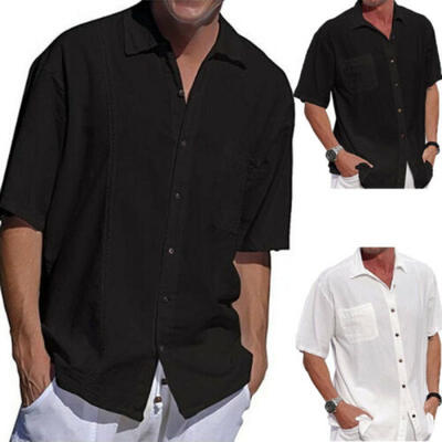 

XXXL Mens Short Sleeve Linen Shirt Casual Shirt Breathable Soft V-Neck Tops