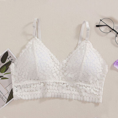 

Women Floral Lace Bralette Bustier Crop Top Sheer Mesh Embroidery Sexy Deep V Adjustment Padded Bra Nylon Soft Wireless Bra