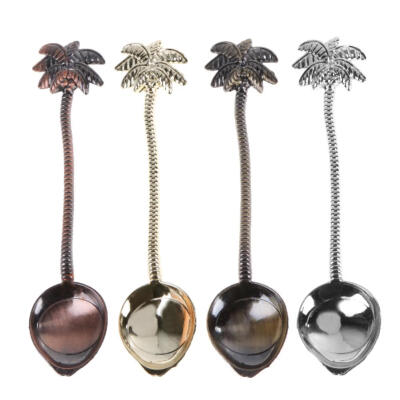 

4pcsset Vintage Coconut Tree Metal Carved Desserts Tea Soup Coffee Spoons