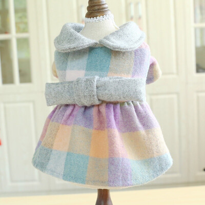 

Girls Plaids Dog Dress Pet Autumn Winter Cute Colorful Plaids Woolen Dress Small Dogs Girls Cold Button Jacket Coat