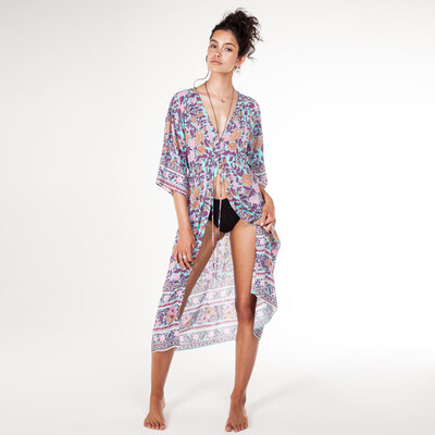 

New Women Kimono Cardigan Beach Cover Up Floral Print Chiffon Boho Long Loose Casual Blouse Top Beachwear Blue