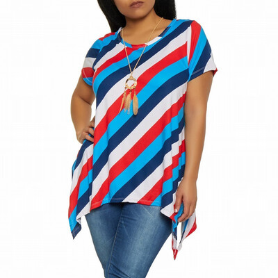 

Large size color striped round neck short-sleeved womens T-shirt covered belly slim shirt