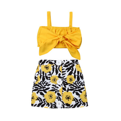 

2PCS Toddler Kids Baby Girl Bow Vest TopsFlower Skirt Casual Outfit Clothes