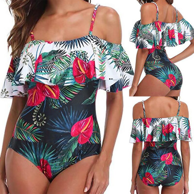 

Saidsome Women One Piece Vintage Printed Off Shoulder Flounce Ruffled Swimsuits