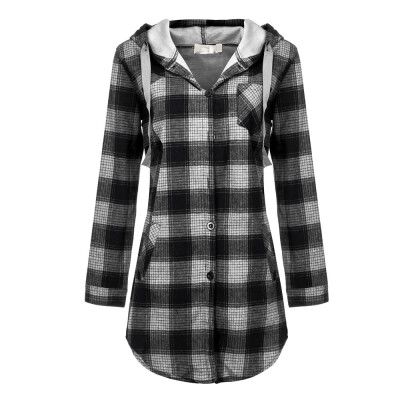 

Roseonmyhand Women Plus Size Long Sleeve Plaid Print Ladies Thicken Hooded Button Long Coat