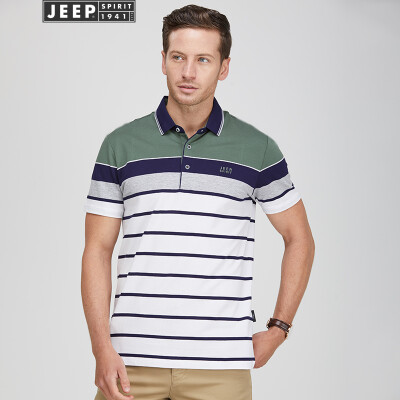

Jeep short-sleeved mens striped casual POLO shirt youth mens cotton lapel T-shirt 2019 summer new product 8918 green
