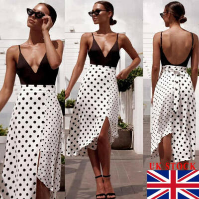 

Women Polka Dot Print Wrap over Aysmmetric Skirt Cocktail Party Midi Sexy Dress
