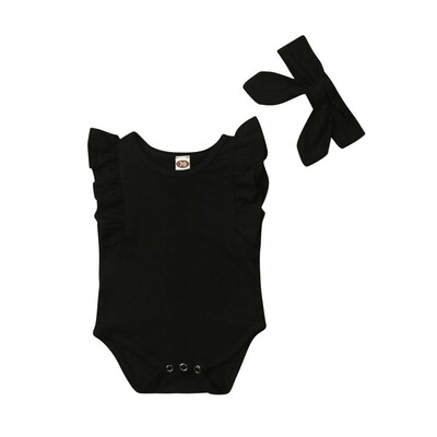 

2019 New Summer Newborn Girls Rompers Set Flare Sleeve Solid Print Bodysuit Jumpsuit With Headband