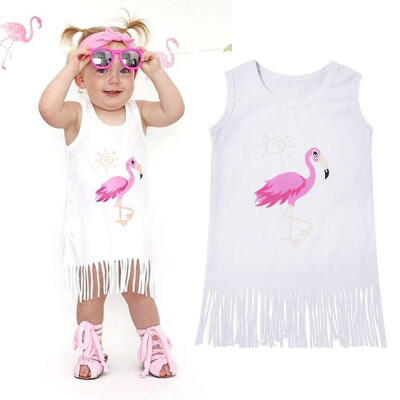 

Children Baby Kids Girls Flamingo Casual Dress Party Fringe Dresses Sundress