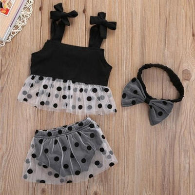 

Cute 3Pcs Kids Baby Girls Polka Dot Strap T-shirt Pants Headhand Clothes Outfits Set Kids Summer