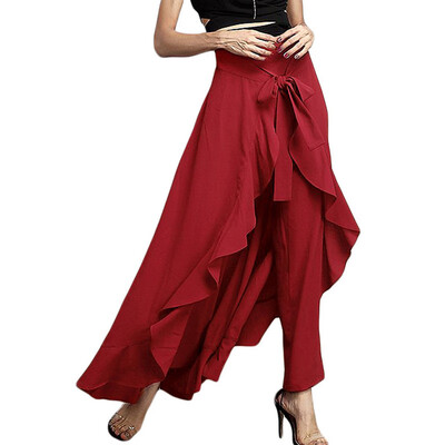 

Women Wide Leg Pants Ruffle Irregular Skirt High Waist Lace Up Loose Trouser