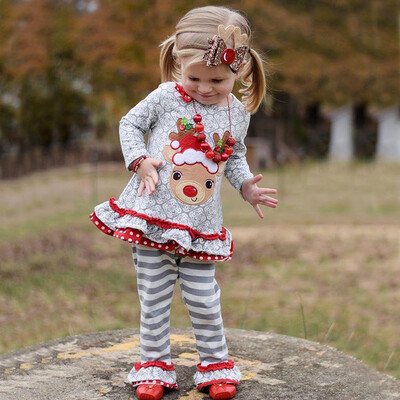 

Toddler Kids Baby Girl Christmas Deer T shirt Tops Stripe Pants Princess Outfits