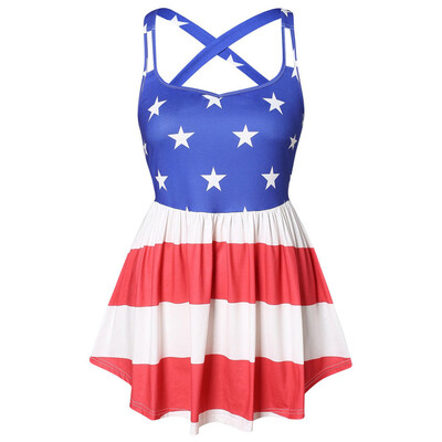 

Roseonmyhand Women Plus Size O-neck Flag Printed Cross Strap Stitching Shirt T-shirt