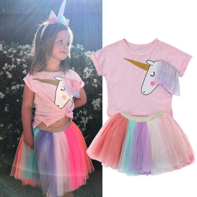 

Toddler Kids Baby Girl Unicorn Top T-shirt Lace Tutu Skirt Outfits Set Clothes Summer