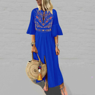 

Women Cotton Linen Maxi Dress Short Sleeve Casual Boho Kaftan Tunic Plus Size