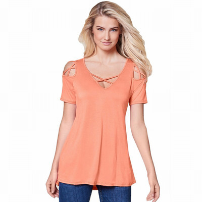 

Solid color V-neck short-sleeved shoulder cross ribbon casual shirt womens