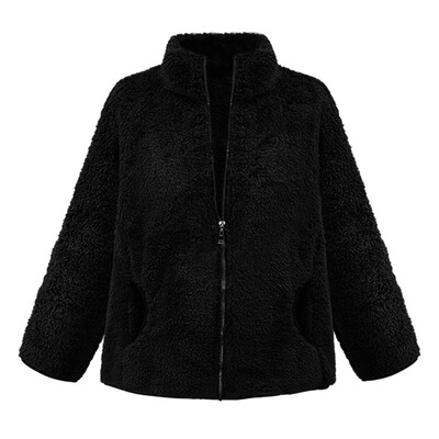 

Toponeto Womens Plus SIze Fashion Lapel Solid Color Loose Plush Zip Pocket Jacket Coat