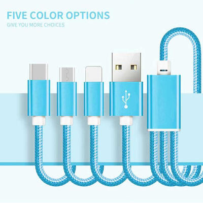 

Universal 3-in-1 USB To Micro USB Lightning Type-C Charging Cable Braided Data Line For IPhone Android Phones-12m