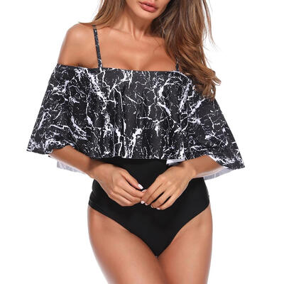 

One Piece Swimsuit Off Shoulder Sexy Ruffle Bikini Women Print Swim Wear