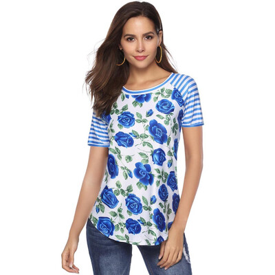 

Nomeni Women Casual Floral Print Blouse Stripe Short Sleeve Shirt Round Neck Tops