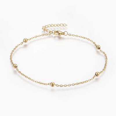 

304 Stainless Steel Anklets with Lobster Claw Clasps Round Beads&Cable Chains Golden 9"230mm 18mm