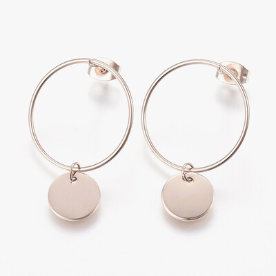 

304 Stainless Steel Stud Earrings Ring&Flat Round Rose Gold 33x22x1mm Pin 08mm