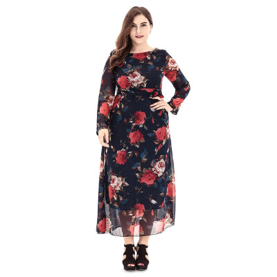 

Vintage Round Collar Long Sleeve Floral Print Plus Size Chiffon Belted Women Maxi Dress