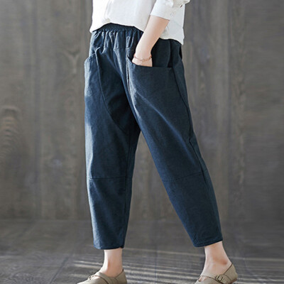 

Fashion Womens Solid Cotton&linen Pocket Elastic Waist Loose Trousers Pants