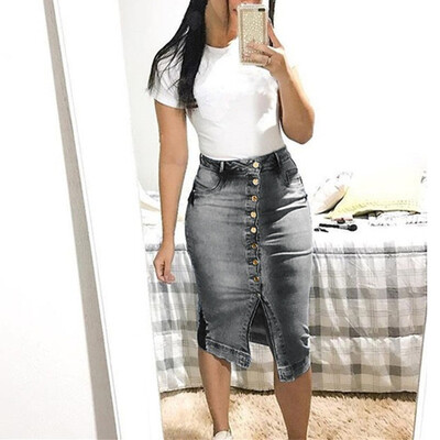 

Denim High Waisted Button Front Skirts Bodycon Midi Pencil Stretch Jean Skirt