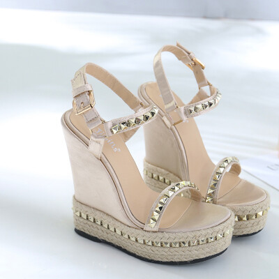 

Summer Women Sandals Rhinestone Decoration women high heel shoes Rivet Fashion high heels sandals Wedges Women Shoes&box