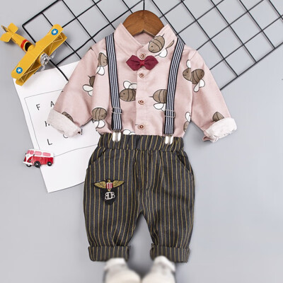 

Toddler Newborn Boy Autumn Outfits Long Sleeve Animal Print TopStrap Striped Trousers Casual Sets