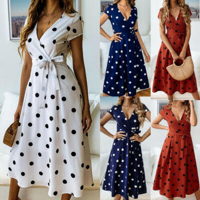 

Women Summer Boho Long Midi Dress Cocktail Party Beach Dresses Polka Dot Dress