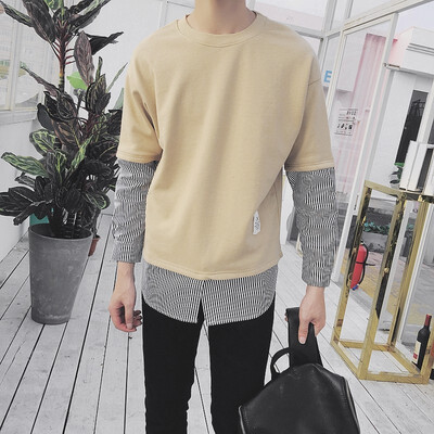 

Japanese shirt fake two-piece sweater sweater male stitching striped loose hem long-sleeved autumn dress