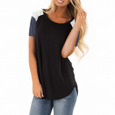 

Color matching womens T-shirt round neck short-sleeved loose straight top