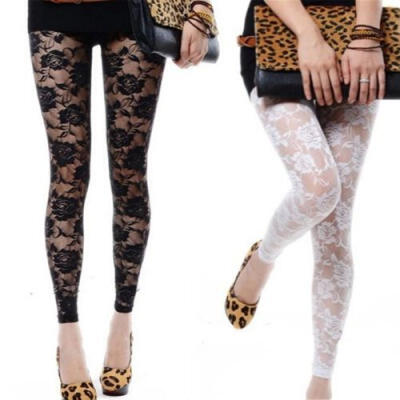 

Womens Wet Look Gothic Lace Floral Rose Leggings Sheer Low Waist Slim Pants