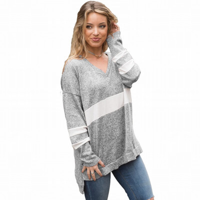 

Gray V-neck long-sleeved striped stitching loose casual sports sweatshirt womens