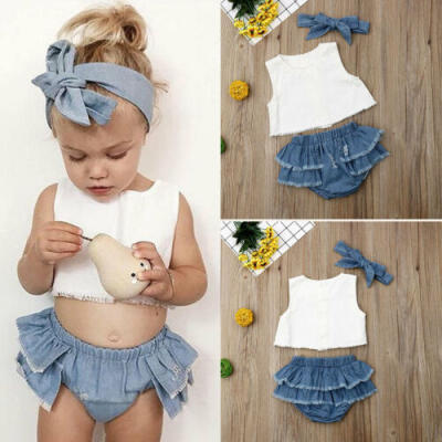 

US Newborn Baby Girl Sleeveless Tops Ruffle Pants Shorts Headband Outfit Clothes