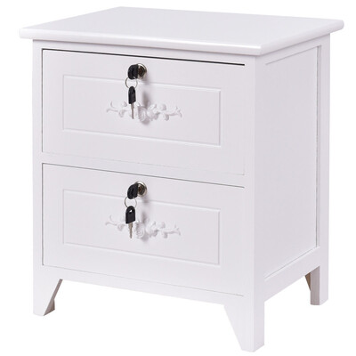 

Solid Wood Elegant Storage Nightstand w 2 Locking Drawers-White