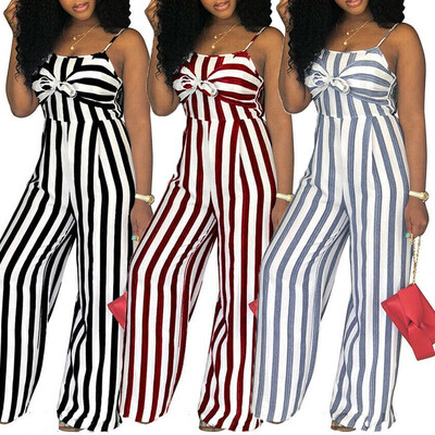 

Women Sleeveless Stripe Playsuit Ladies Summer Romper Long Jumpsuit Trousers