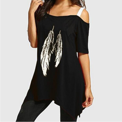 

Nomeni Women Fashion Feather Print One-Shoulder Large Size Irregular Hem T-Shirt